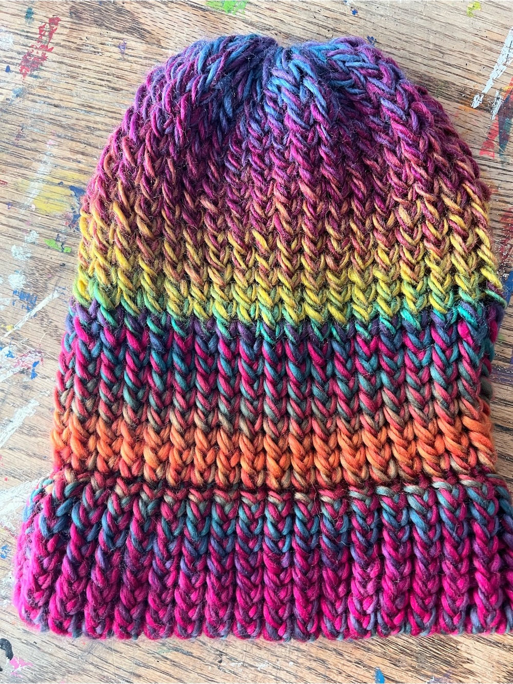Hand-Knit Rainbow Beanie - Multicolor